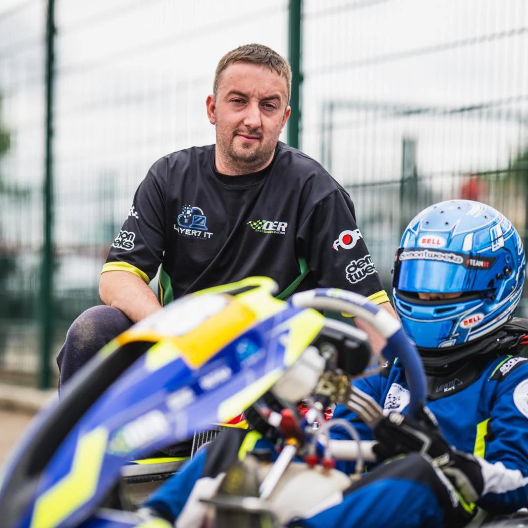 Dave Edwards with a Dave Edwards Racing driver and kart
